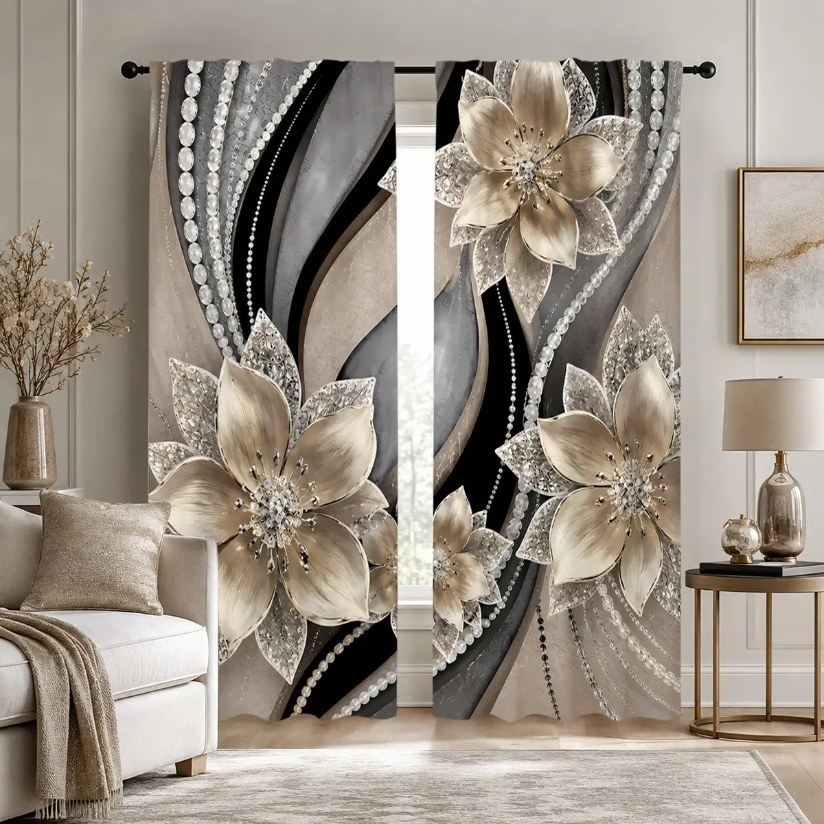 2-piece French-style light luxury floral semi-transparent curtains, creative digital print bedroom decoration privacy curtains, Sheer Curtain