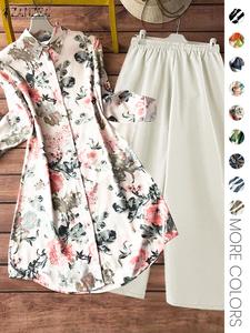 two-piece set women's all over floral print button shirt & wide leg loose pants, casual longsleeves collared top & trousers for daily wear, ladies clothes for all seasons, womenswear, casual outfits women