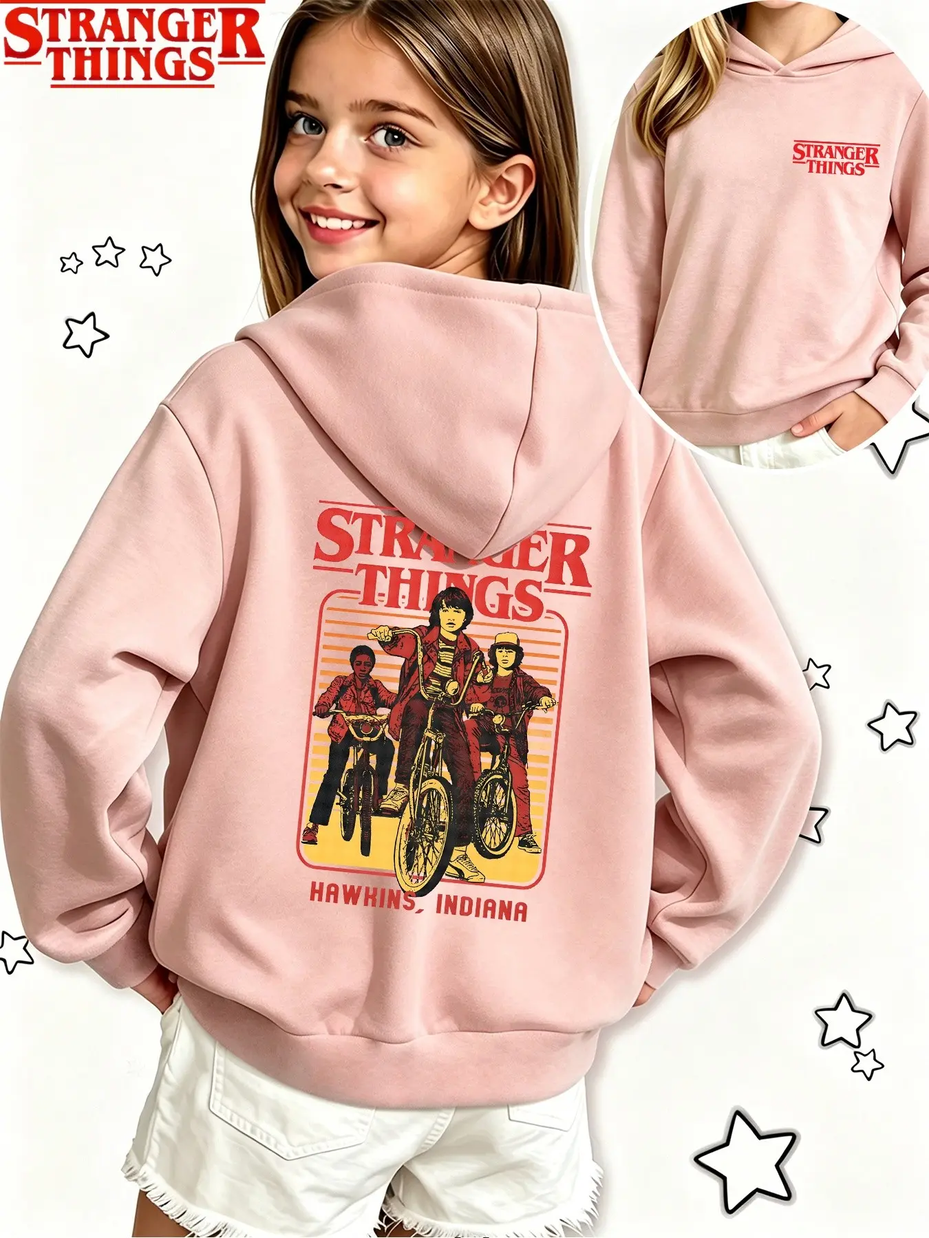 Girl Stranger Things Hoodie, Retro Bike Boy Pattern, Fitted Casual Sweatshirt, Spring Fall Elastic Fabric, Christmas Gift, Daily Wear
