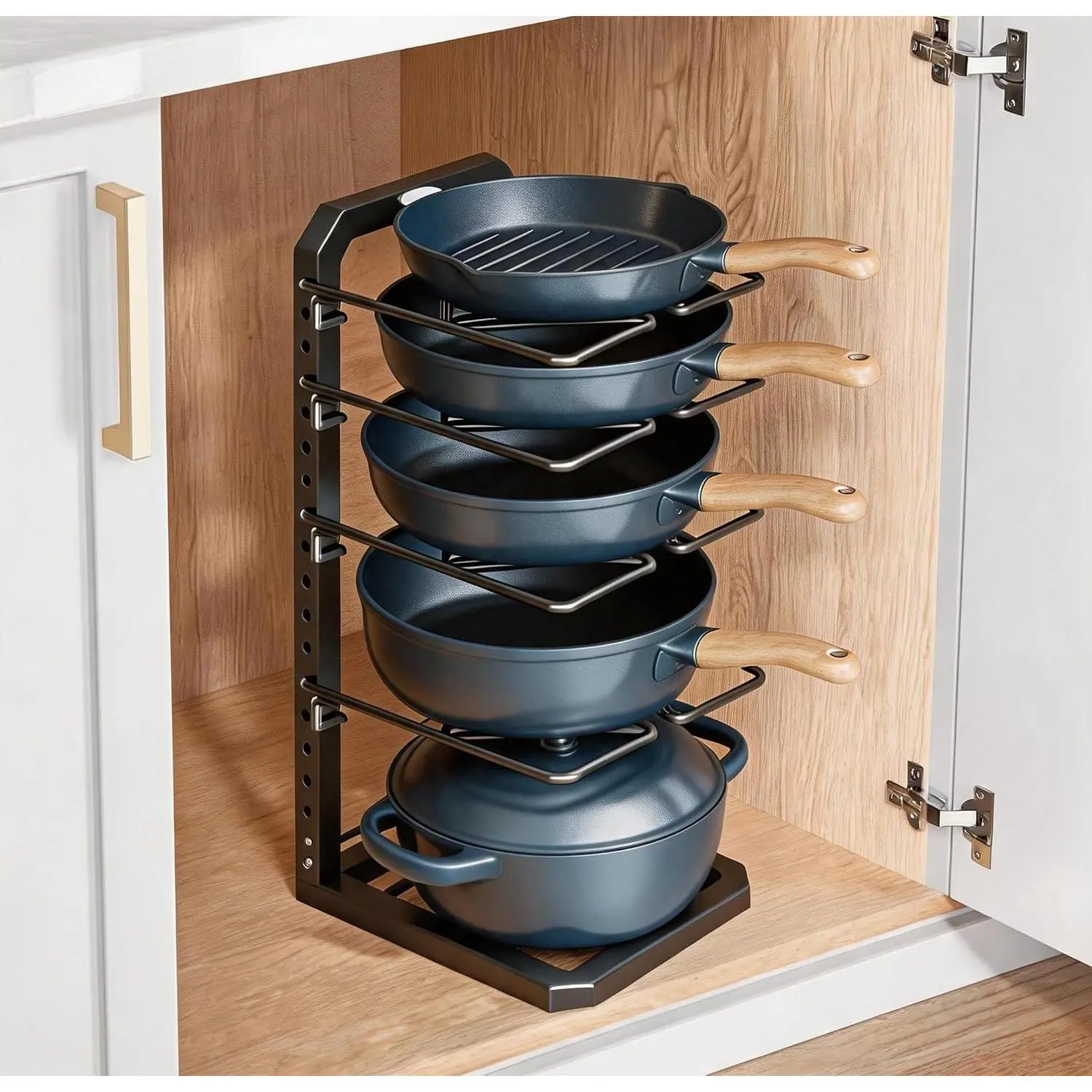 Pots and Pans Organizer under Cabinet, 5 Adjustable Tiers Heavy-Duty Pan Pot Organizer with 16.5" Height, Holds 55 LB - Cast Iron Skillets, Griddles, Shallow Cookware