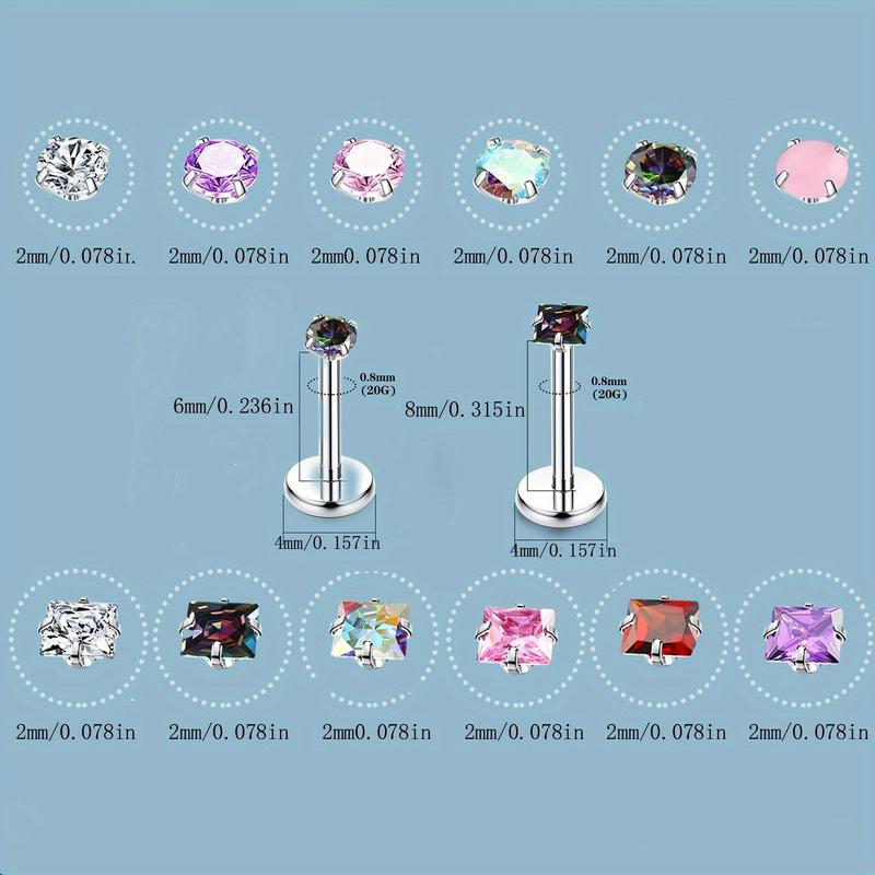 12pcs Stainless Steel Ear Studs, Nose Studs and Ear Studs Set, Multi-Color, Synthetic Cubic Zirconia, No Plating, Cute Style, with Hole, Daily and Party Occasions, All Seasons, Holiday Theme Jewelry Piercing