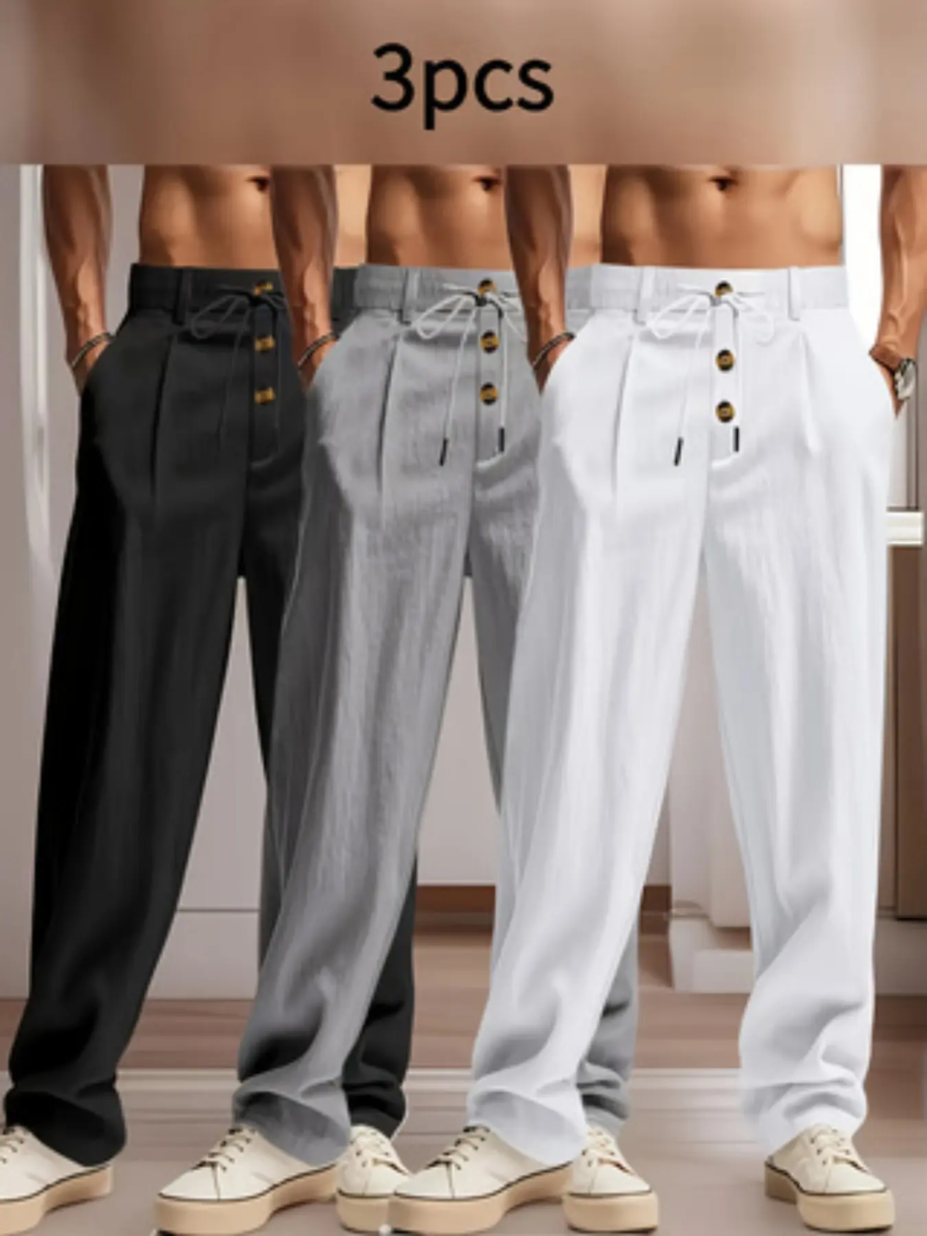 Three-piece men's lightweight linen straight-leg pants with drawstrings and decorative buttons, Casual button trousers - breathable for spring/summer, with street style, suitable for outdoor business casual outings, beach style