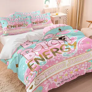 Coquette Pastel Strawberry Daiquiri Printed Bedding Set, 1 Duvet Cover + 1/2 Pillowcases, No Filler, HD Vivid Print, Bubble & Heart Drink Can Design, Skin Friendly Bedding for Aesthetic Teen Room Decor