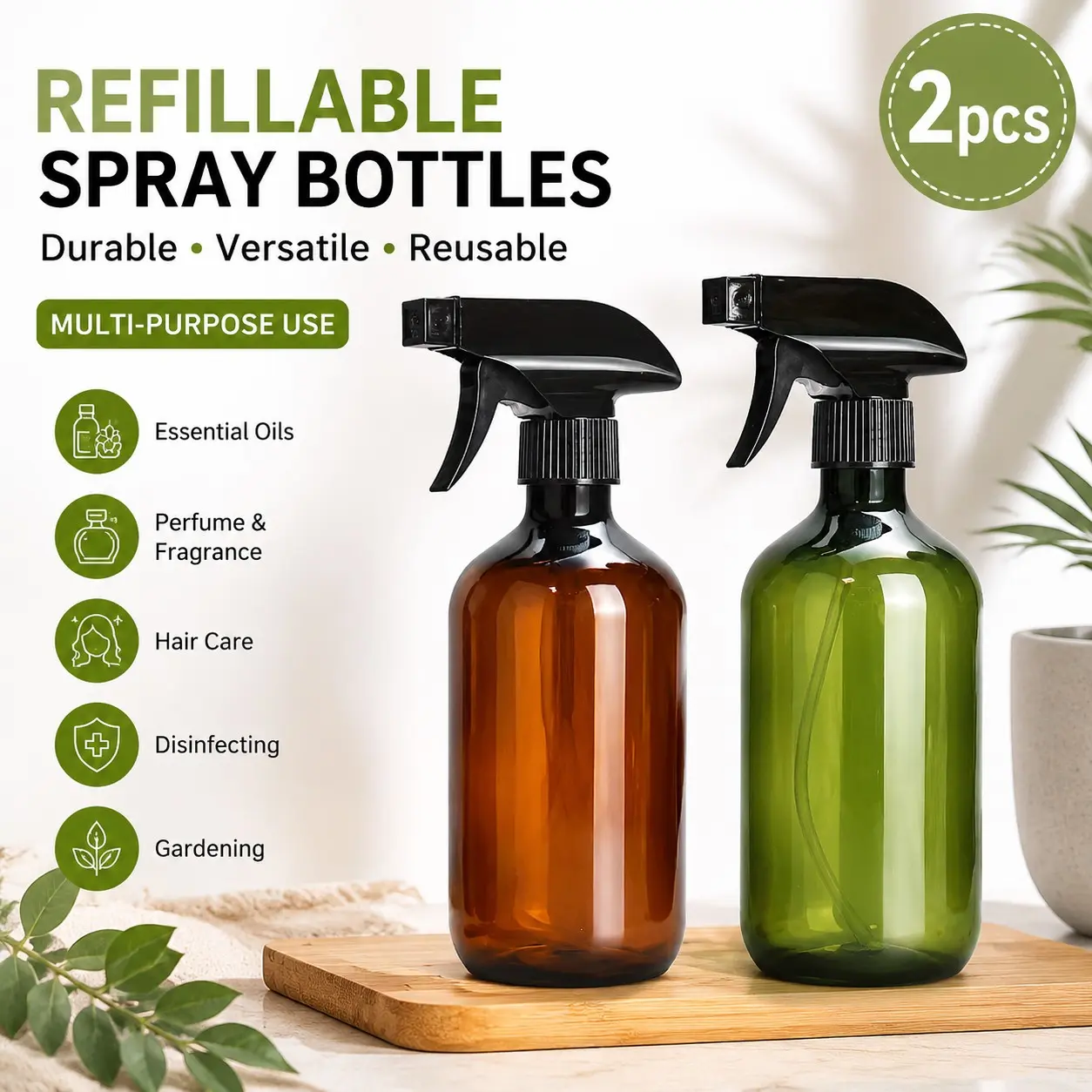 2 Reusable Spray Bottles with Durable Trigger Nozzle, Ideal for Essential Oils, Perfume, Hair Care, Disinfection, Gardening, Semi-Transparent Container