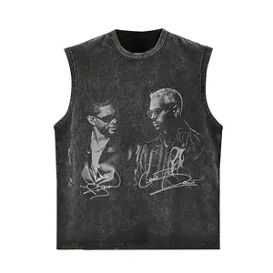 Retro Acid Washed Two-Style Apparel, Available In Short Sleeve T Shirt & Sleeveless Tank Top, Front Usher & Brn Face To Face Black White Portrait With Individual Cursive Signature Print Oversized Heavyweight Unisex R&B Street Top