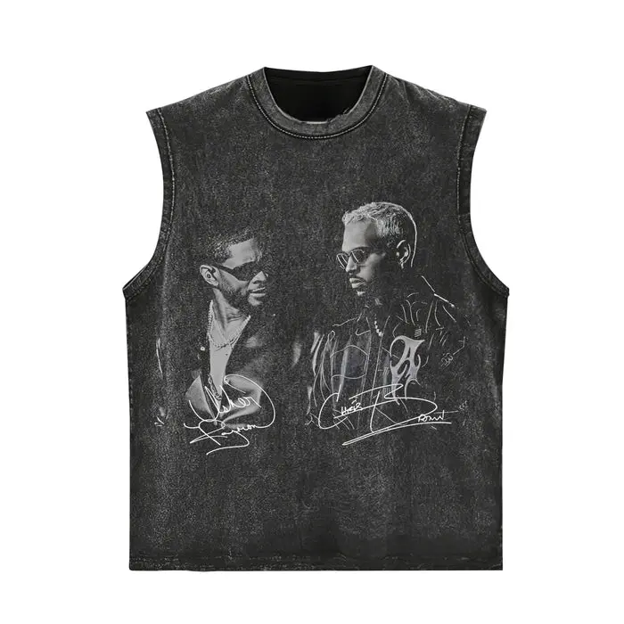 Retro Acid Washed Two-Style Apparel, Available In Short Sleeve T Shirt & Sleeveless Tank Top, Front Usher & Brn Face To Face Black White Portrait With Individual Cursive Signature Print Oversized Heavyweight Unisex R&B Street Top