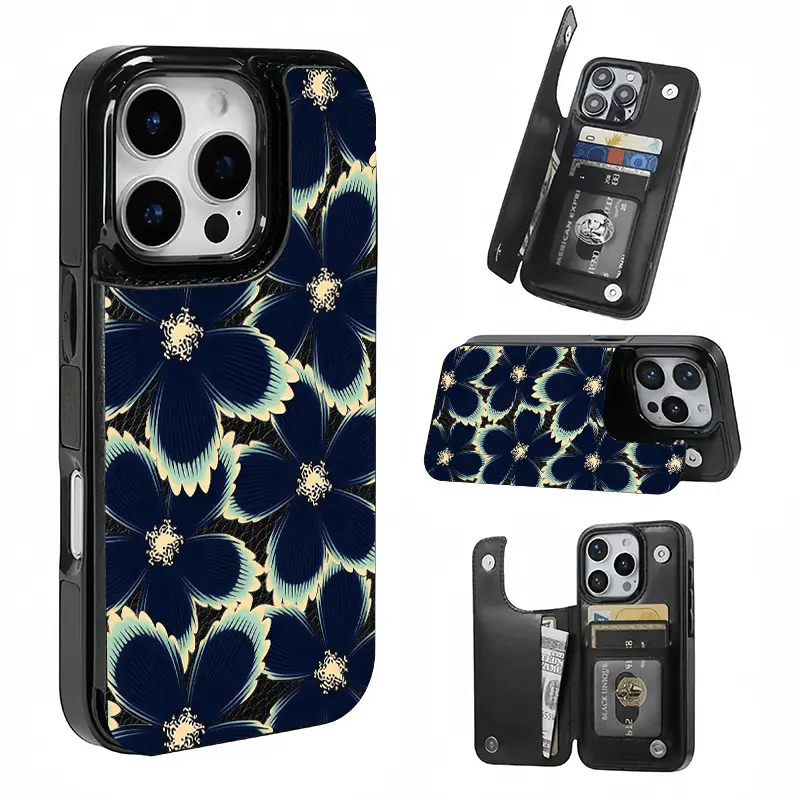 Dark Blue Floral Print Card Holder, This phone case features a card slot function, can store bank cards, transit cards and other cards, suitable for iPhone 17/16/15/14/13/12, and makes a great gift for girls.