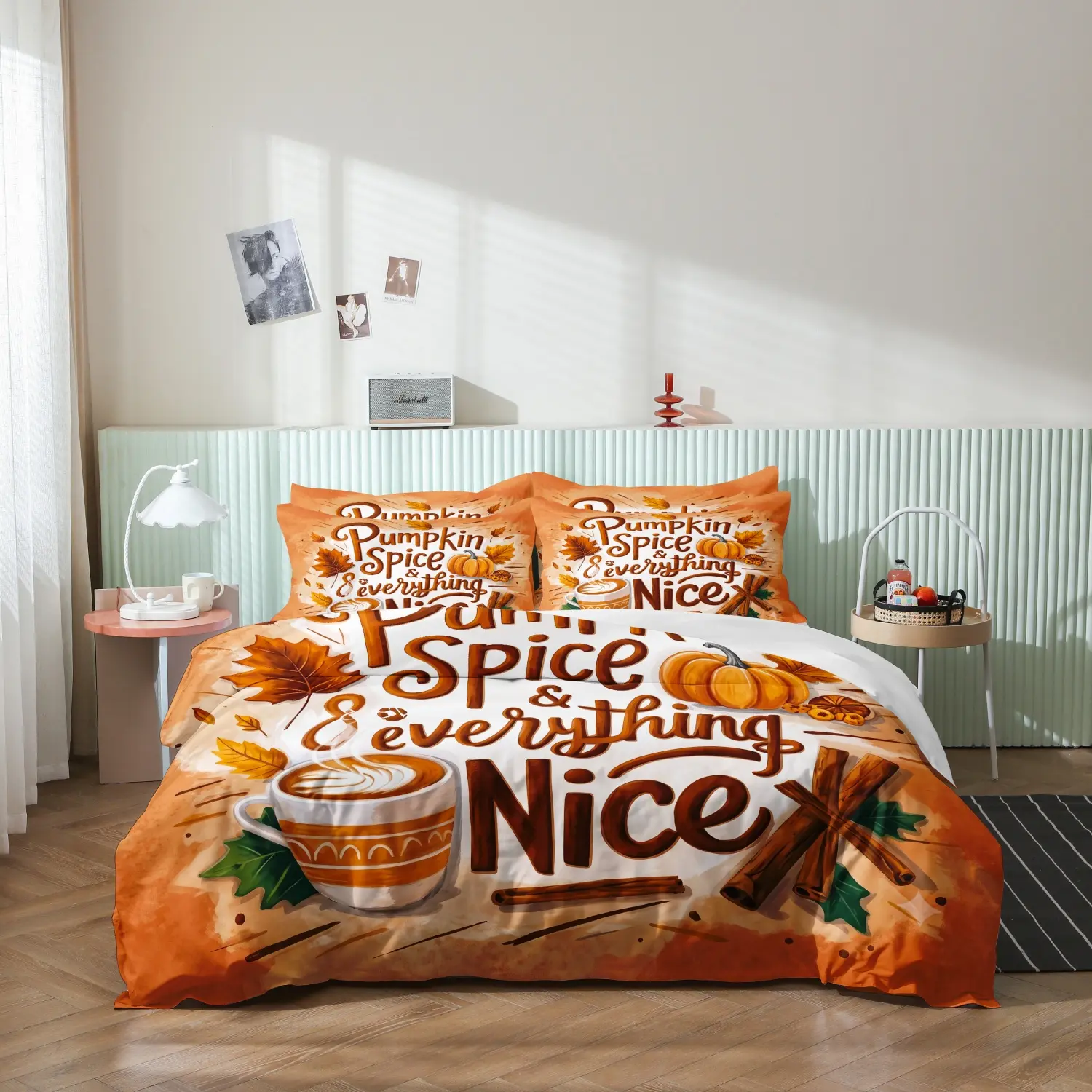 3 Pieces Orange Pumpkin Spice & Everything Nice Letter Print Duvet Cover Set, Maple Leaf Latte Cinnamon Pumpkin Letter Print Bedding, (1 Duvet Cover + 2 Pillowcases, No Comforter No Pillow)