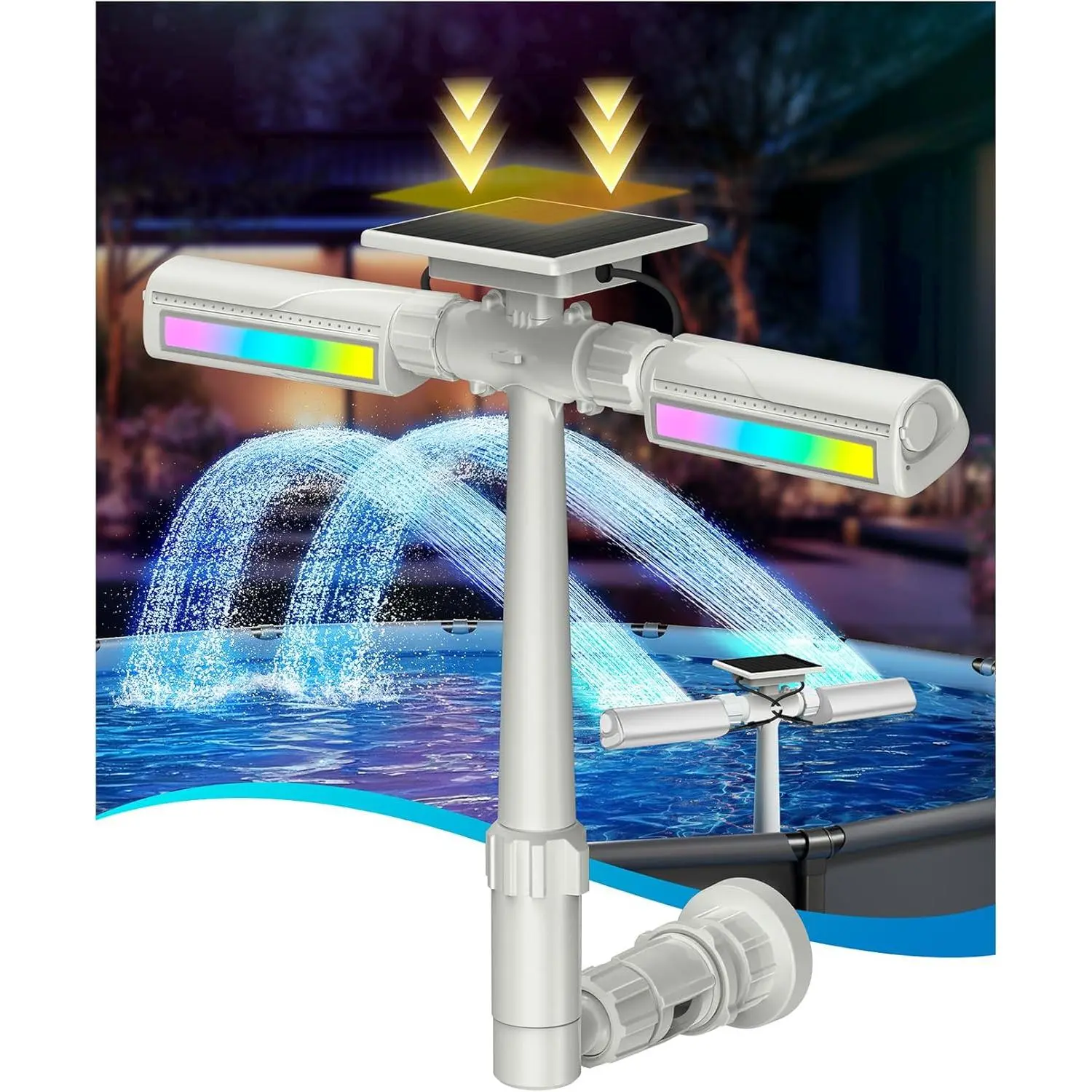 Pool Fountain with 10-Color 4-Mode RGB LED Lights, Above Ground/In Ground Lights with Remote, 360° Adjustable Dual Spray Waterfall Sprinkler Fountain for Relaxation & Cooling 10-20°F, Waterproof and Energy Efficient