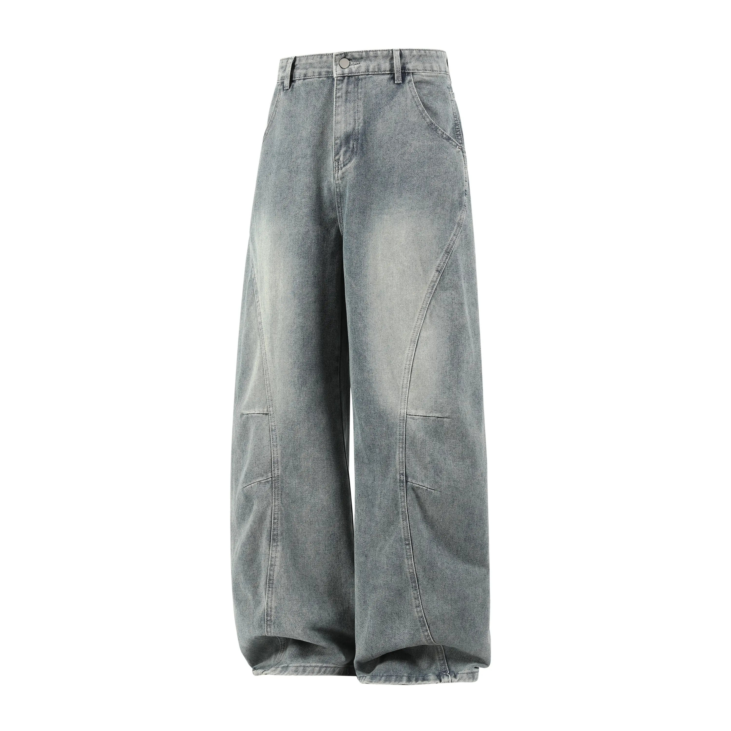 Unisex Vintage Grey Washed Wide Leg Denim Pants Baggy Loose Fit Street Style Curved Seam Detail Hip Hop Y2K Jeans, Relaxed Straight Leg Oversized Silhouette Cargo Inspired Casual Durable Cotton Wear