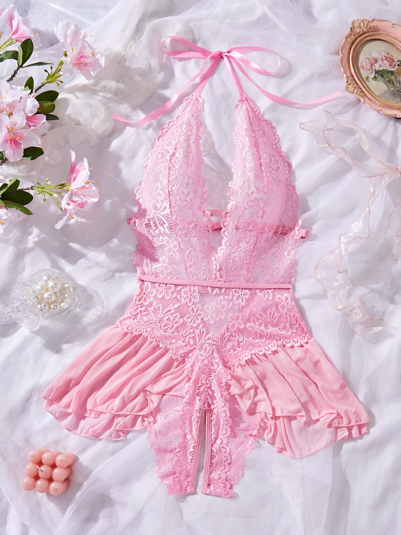 Women's Solid Color Lace Teddy Bodysuit, Sexy Breathable Push-Up Bodysuit for Daily Wear, Women's Lingerie for All Seasons