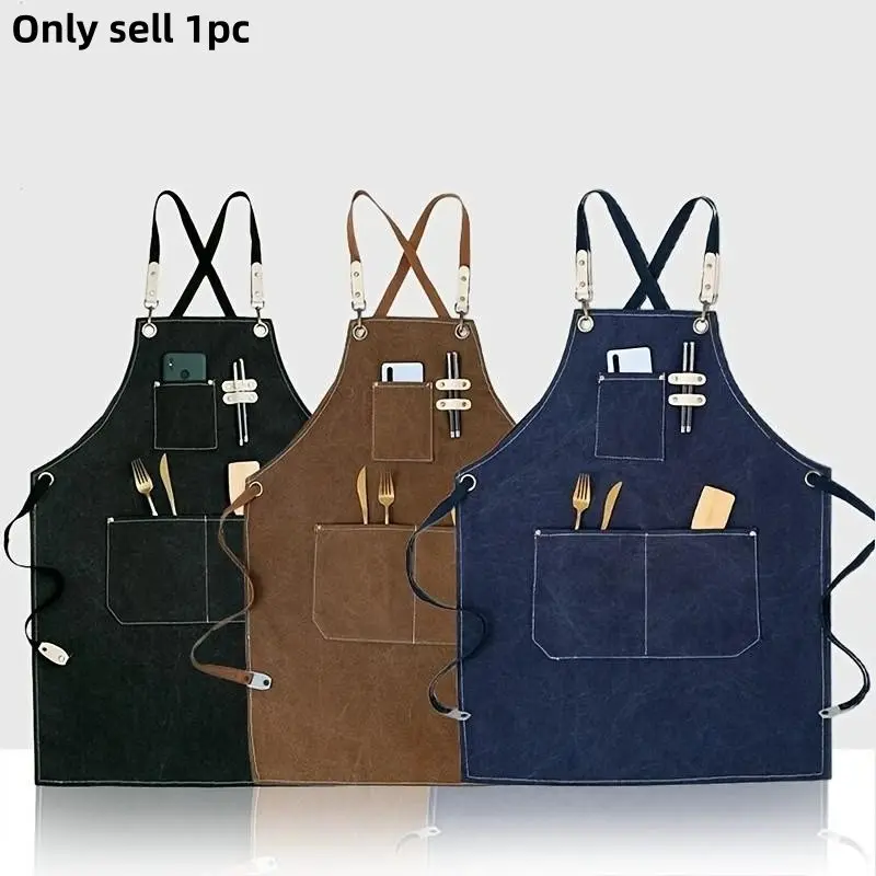 Adjustable Leather Canvas Waterproof Cooking Coffee Bib, High Quality Unisex Kitchen Reusable Waterproof Apron for Men and Women, Promotional Use