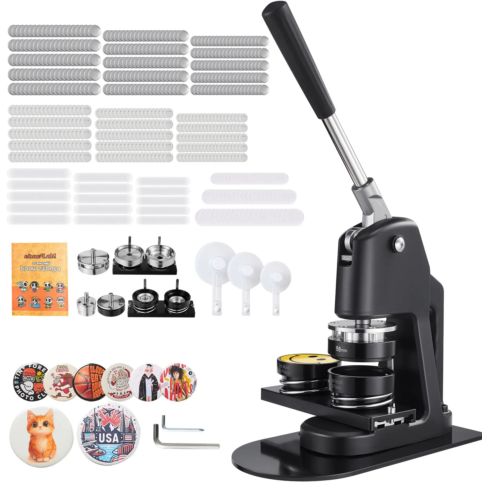 VEVOR 3-in-1 Button Maker Machine, 1.26/2.28/2.95 in Plastic Pin Maker with 300pcs Button Parts, Circle Cutter, Magic Book, Reinforced Ergonomic Handle, for DIY Badges, Personalized Pins, Black (3-in-1 tool)
