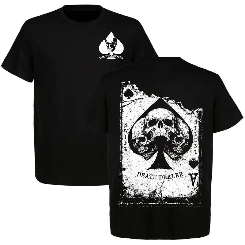 Graphic-T-shirt Swift Silent Death Dealer Skull Spade T-Shirt, This We'll Defend Military Graphic Tee, Tactical Skull Spade Shirt, Military Style Streetwear Top, Unisex Casual Graphic T-Shirt, Menswear Fashion Tee Gift