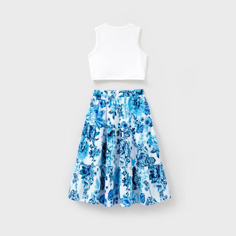 PatPat Family Matching Outfits White Camisole Top and Blue Floral Print Skirt Co-ord Set or Colorblock Short-sleeve T-shirt