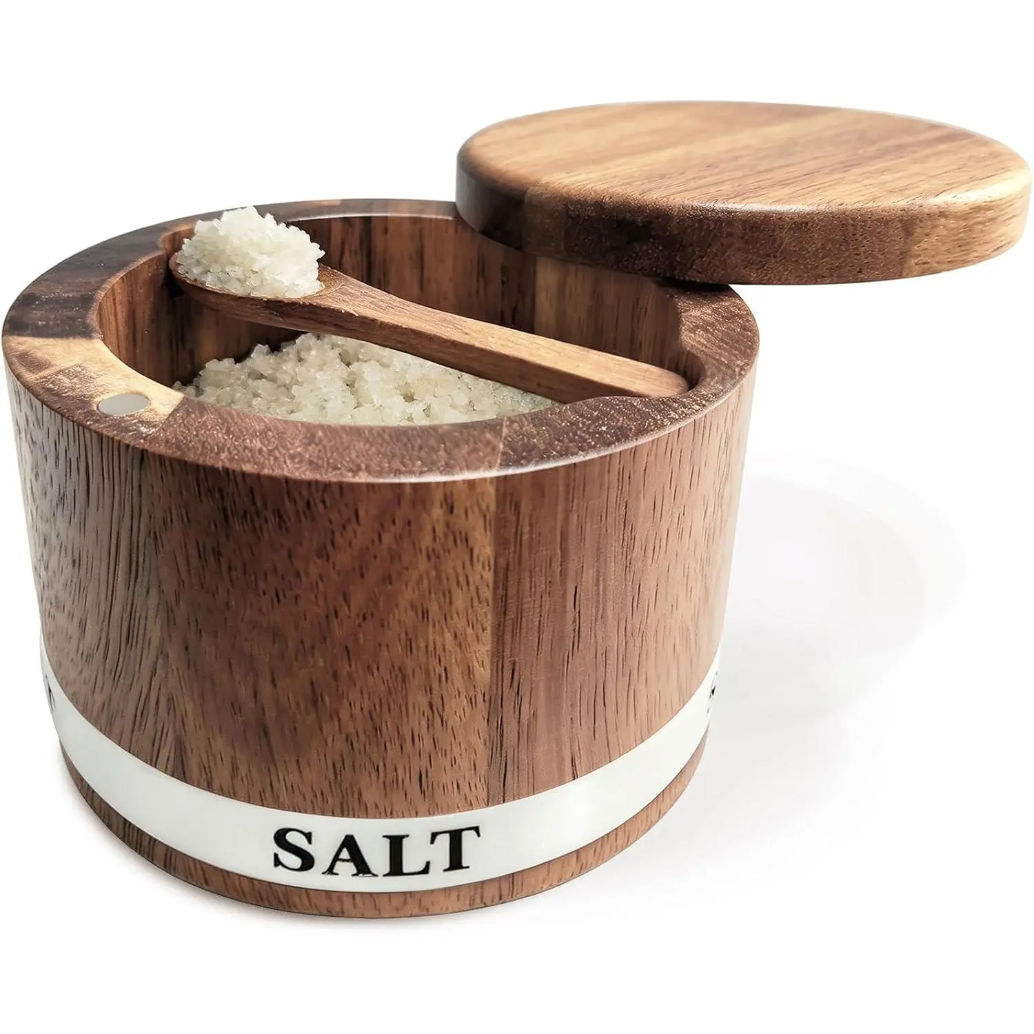 Salt Cellar, Acacia  Salt Containers with Lid for Countertop | -in Spoon,  Swivel Lid, Luminous Engraved SALT Label Holder, 6oz Kitchen Salt Box for Sea Salt, Pepper & Spices