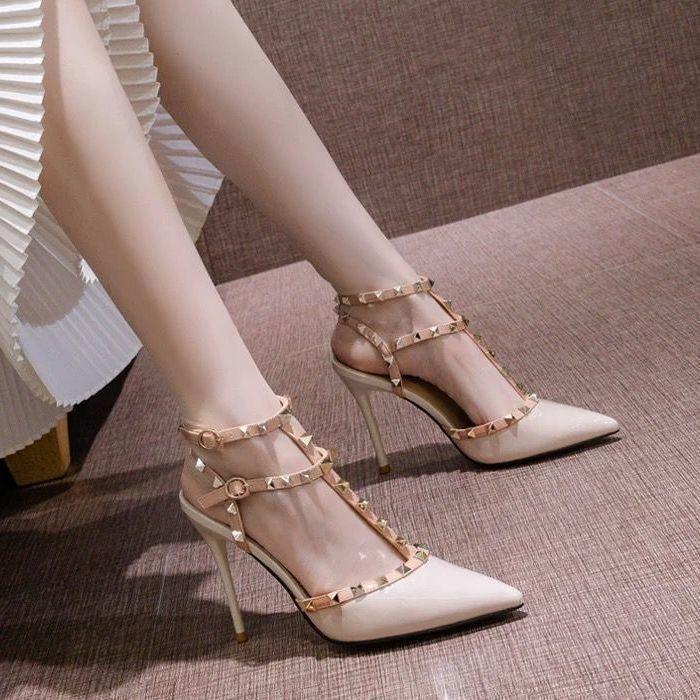 Fashionable Pointed Toe Stiletto Sandals for Women Fairy Style Studs Versatile Spring High Heels Large Sizes