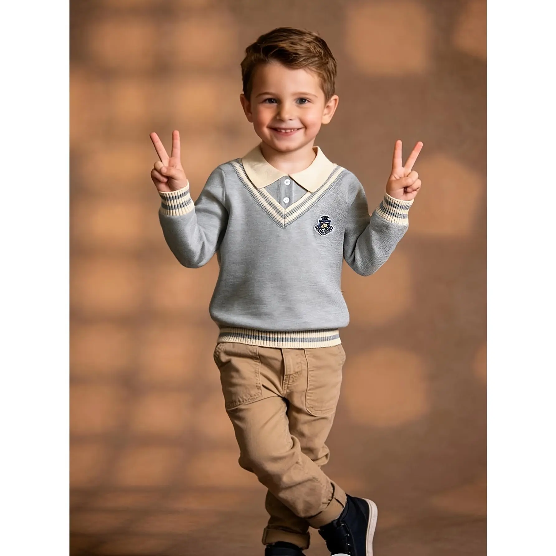 Boys' and Girls' Classic Collar Academic Style Sweater 2-in-1 Look Turn- Collar Autumn/Winter New Arrival Classic Neckline Long Sleeve Top, Soft Warm Solid Color Regular Fit, Suitable for Campus and Daily Wear, Academic Style, Comfortable Texture