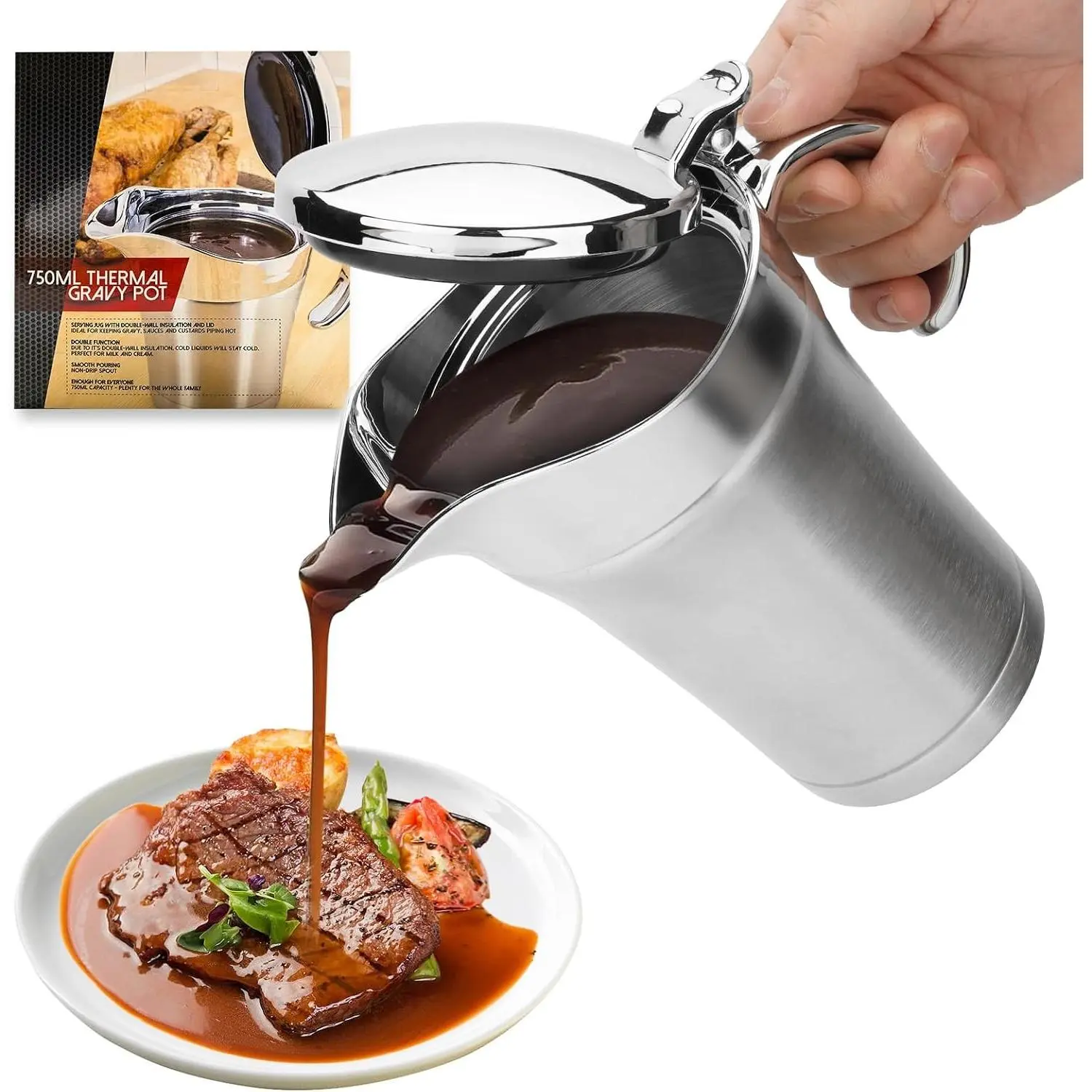 Double Insulated Gravy Boat,304 Stainless Steel Sauce Jug with Hinged Lid, Ideal for Gravy or Cream 26oz (silver)