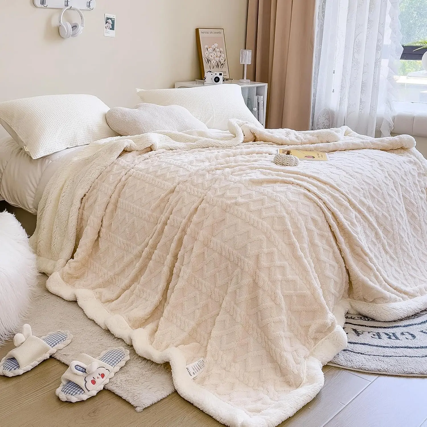 Classic Double-Layer Plush Velvet Reversible Striped Fleece Throw Blanket - Breathable Soft Blanket, Cozy Home Decor Items, Boujee Household Accessory for Sofa Snuggles, Bedroom Bedding