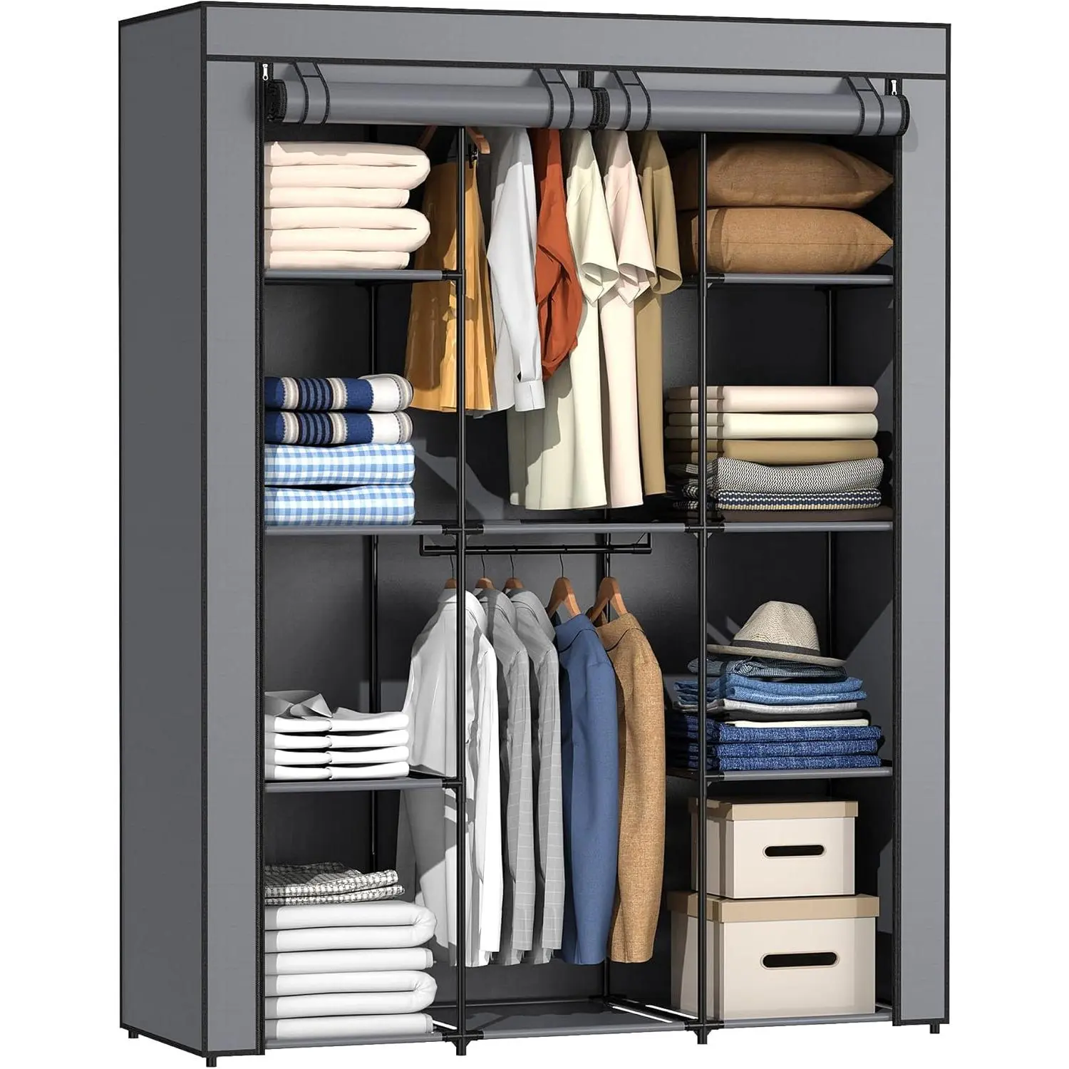 Portable Closet, Wardrobe Closet with 10 Storage Shelves and 2 Hanging Rods, Non-Woven Fabric Cover, 52.4 x 18.1 x 66.6 Inches Closet Organizer Bedroom, Gray