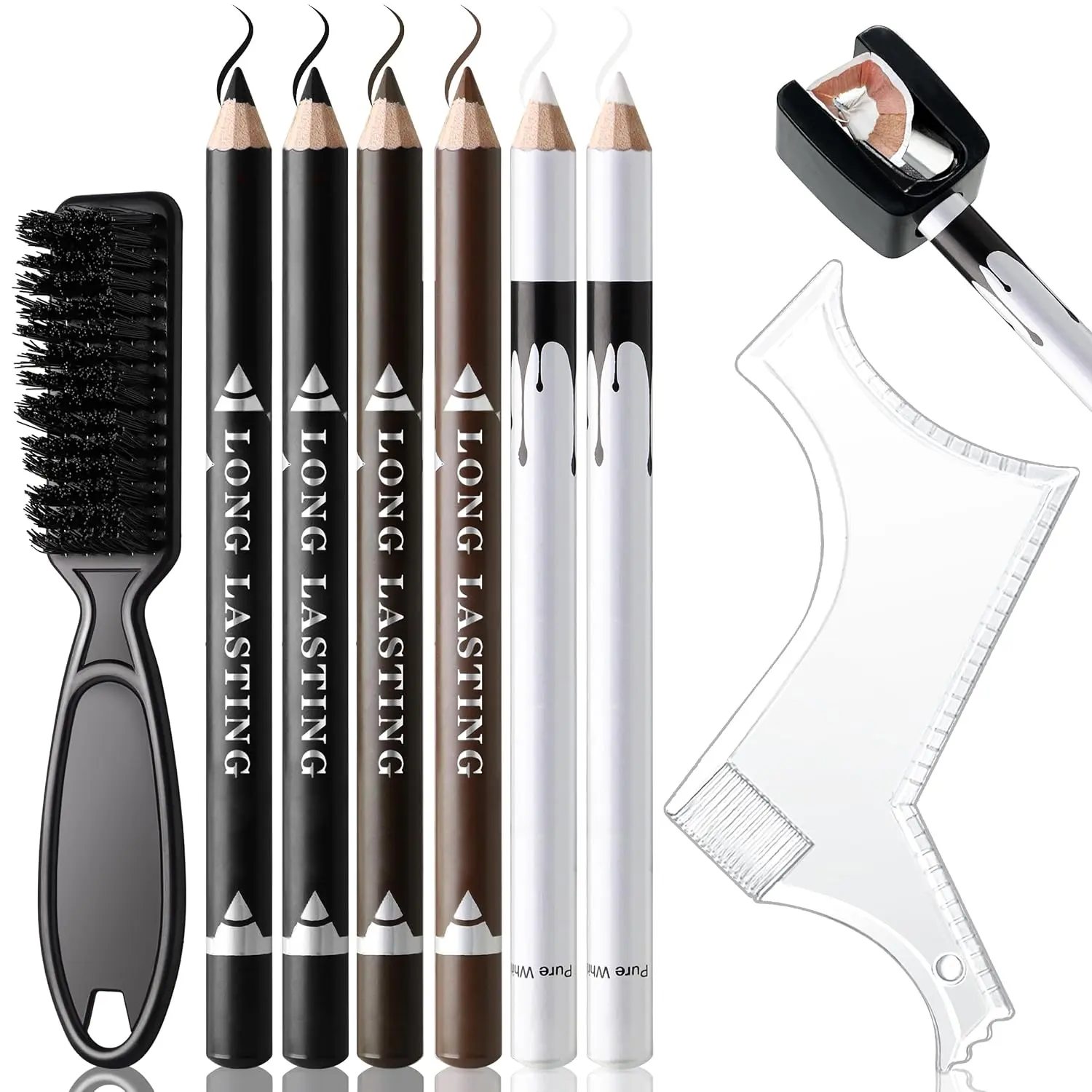 Noerrors Barber Pencil for Lineup Magic Hairline Beard Guide Shaping Pencils Barber Chalk for Design Hairline Razor Trace Black Brown White Barber Pencils Set with Sharpener Ruler Brush for Men
