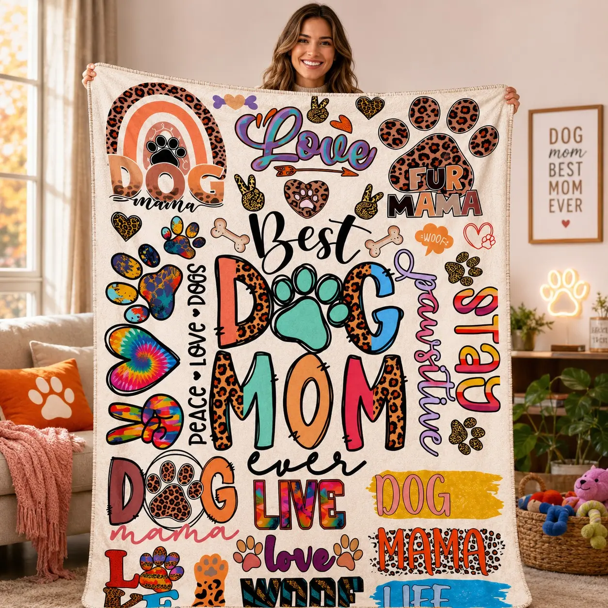 Dog Mom Flannel Blanket with Colorful Paw Prints, Soft Cozy Warm Fleece Throw, Graphic Throw Blanket, Cute Pet Lover Gift for Dog Moms and Animal Lovers, Soft Blankets