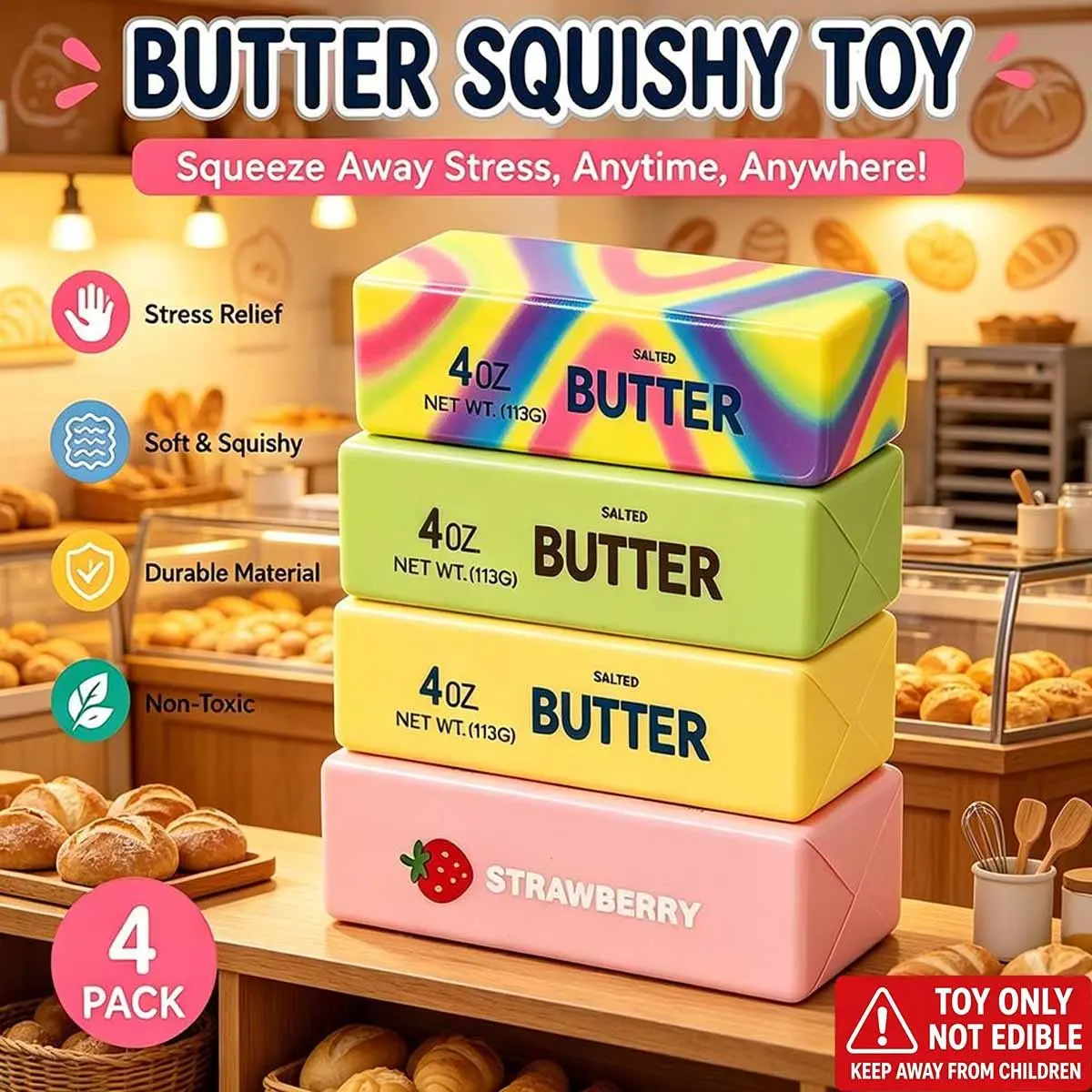 4-Pack New Butter Squeeze Stress Relief Toy, Stress Ball, Ultra Soft Slow Rebound Squishies Press Toy, Vibrant Realistic Butter Stick Design, Anxiety Relief Sensory Toy