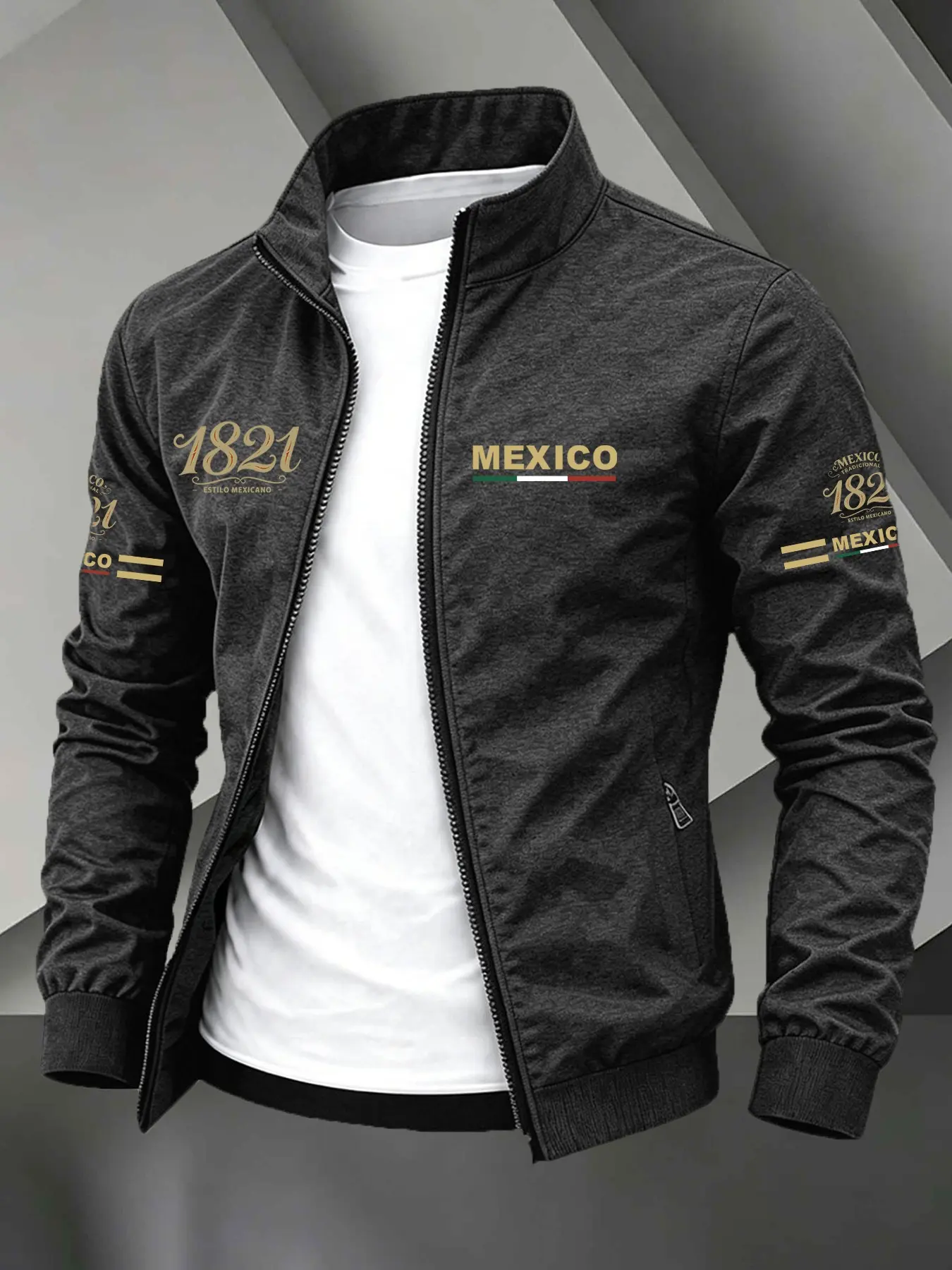 Stand Collar Zip Light Jacket, Chest & Sleeve Mexico 1821 Flag Letter Graphic Print Elastic Cuff Mexican Heritage Casual Outdoor Coat #MexicoZipJacket #MexicanCulture #1821Mexico #TrackJacketMen #TikTokMadeMeBuyIt