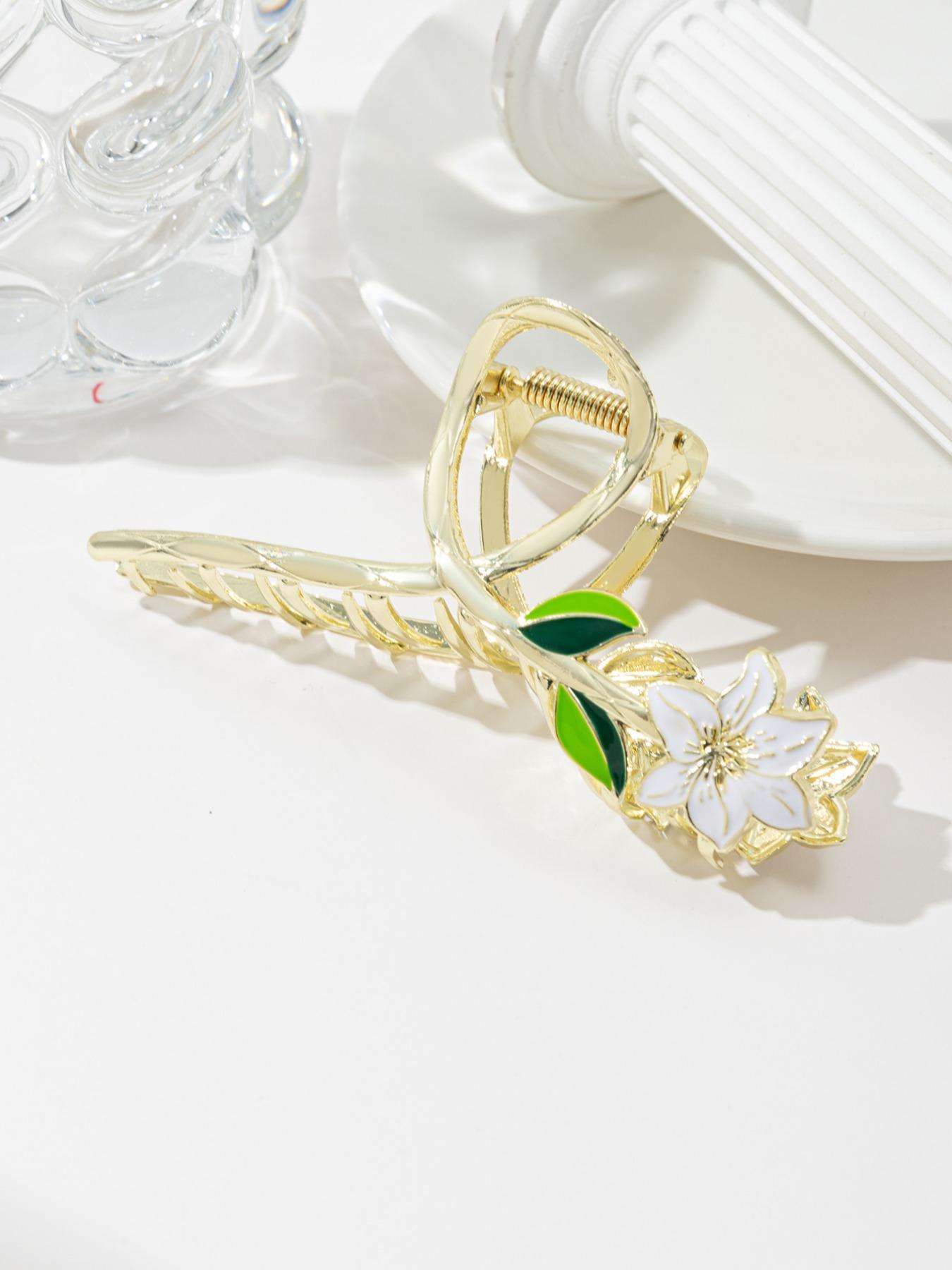 Summer Delicate Fashion Metal Flower and Leaf Decorative Hair Claw Clip, Simple and Elegant Accessory Holiday Birthday Gifts for Women