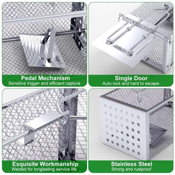 Stainless Steel Rodent Trap - High Sensitivity Pedal Auto-Locks Door, Humane Live Capture - Safe, Durable, Indoor/Outdoor Versatile Placement, Easy to Use