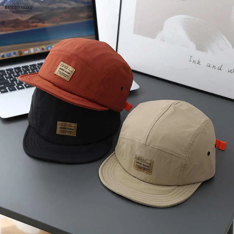Men Women Wrinkle Quick Dry 5 Panel Flat Brim Camp Cap, Lightweight Adjustable Outdoor Hat With Fabric Tag, All Match Casual Headwear for Daily Travel Camping Walking