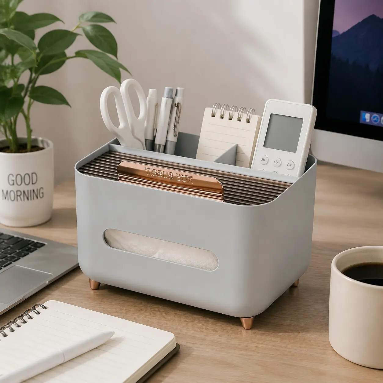 Multifunctional Desktop Organizer and Tissue Dispenser Box, Ribbed Cosmetic Makeup Holder with Gold Accent Feet, 3-Compartment Pen Remote Organizer Caddy for Home Office, Desk Storage, Desk Accessories