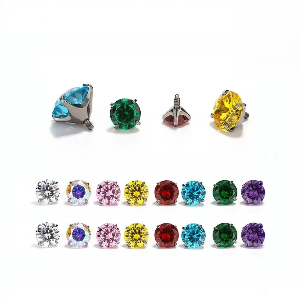 14PcsMulti-Color Zircon Replacement Tops, Titanium Steel Internally Threaded Piercing Jewelry,4-Claw Inlaid Crystal Stud Accessories For Cartilage, Nose & Lip Piercings Unisex