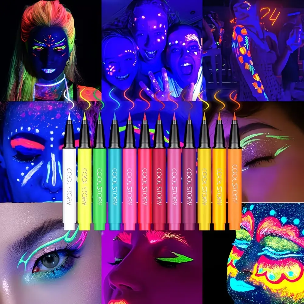 12-color glow-in-the-dark face and body paint pen set, Body Paint Marker, UV fluorescent makeup pens for body art, waterproof, quick-drying, with fine lines for easy drawing, great for eyeshadow, eyeliner, doodling, parties, music festivals, Halloween