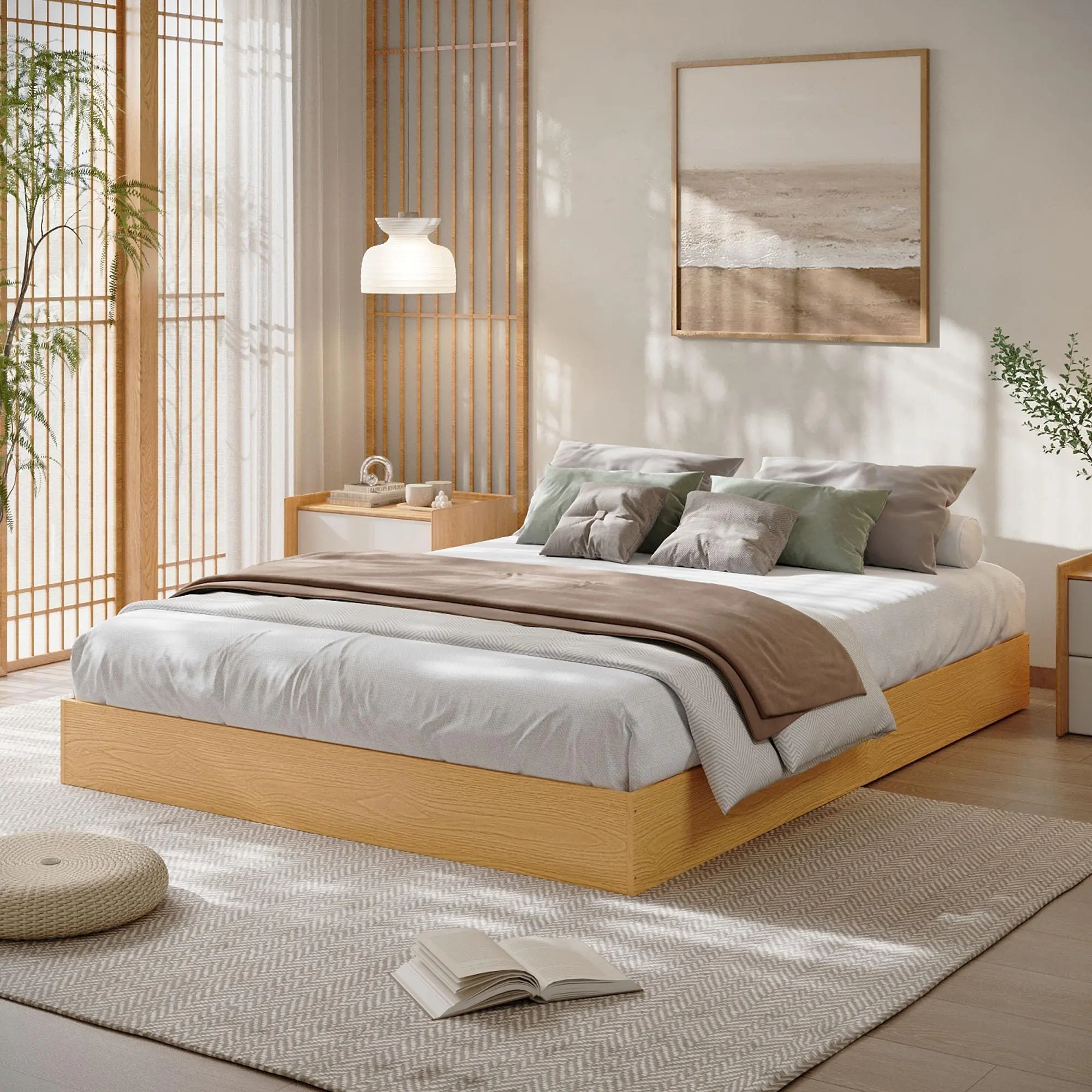 Modern Minimalist Multi-Size Solid Wood Floor Bed Platform - Heavy-Duty Wooden Slat Support, Box Spring-Free Floor-Standing Frame, Fast Setup & Easy Assembly (Twin to King)