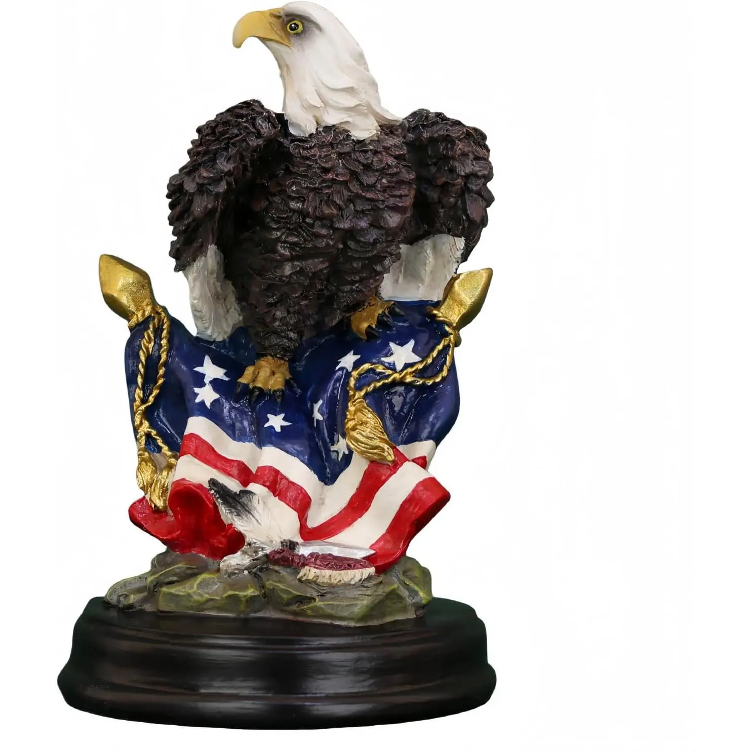 Bald Eagle Resin Figurine American Flag Wooden Base Patriotic Decor Statue| Majestic bald eagle sculpture perched on draped USA flag, detailed feather texture, patriotic patriotic home