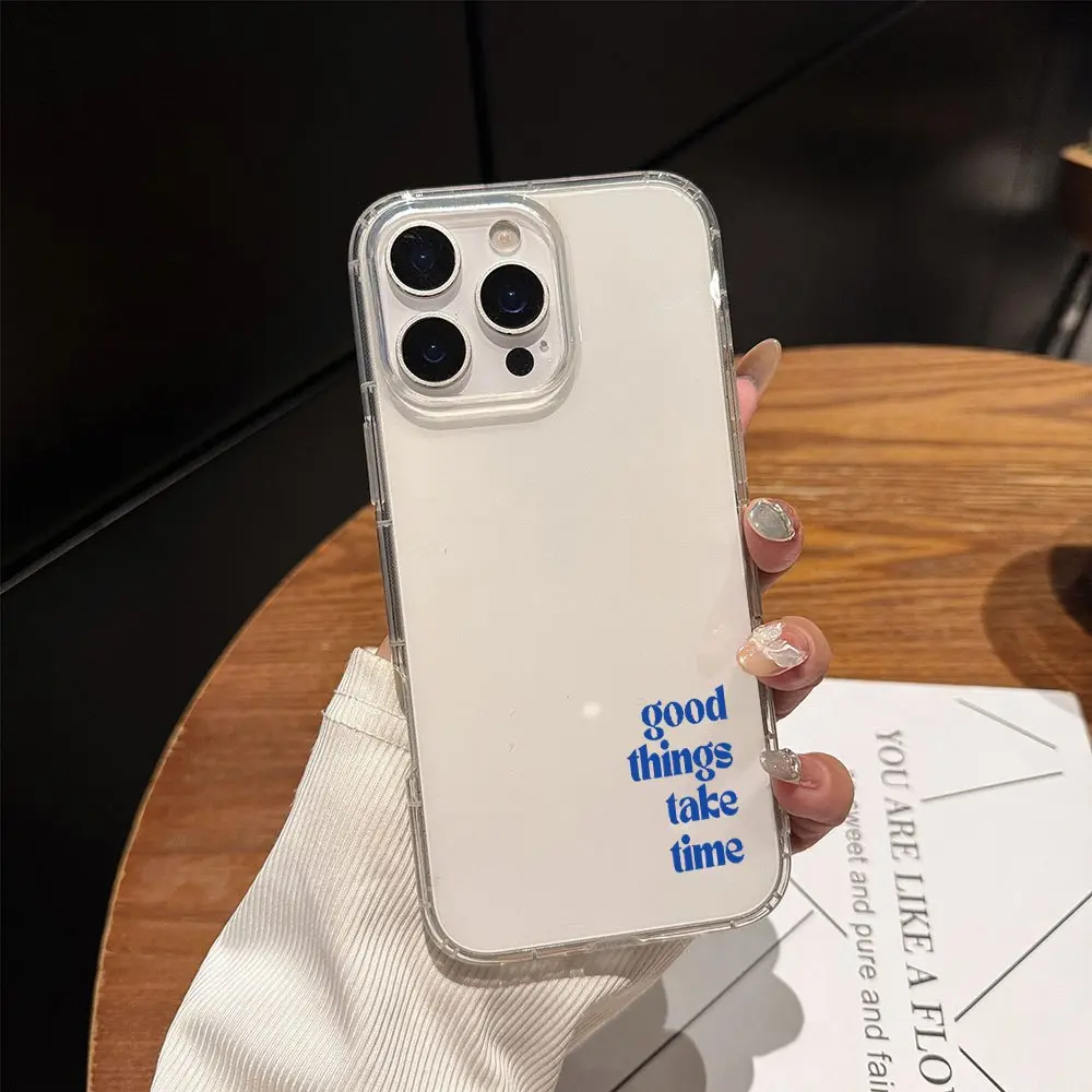 Good Things Take Time Phone Case, Minimalist Blue Quote Clear Bumper for iPhone 17 16 15 14 13 12 11 X Plus Pro Max, Encouragement Gift