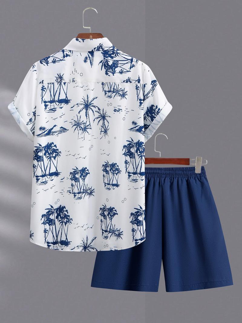 Men's Coconut Tree Print Shirt & Shorts Set, Regular Fit Casual Short Sleeve Button Up Top & Drawstring Waist Shorts, Men's Summer Outfits