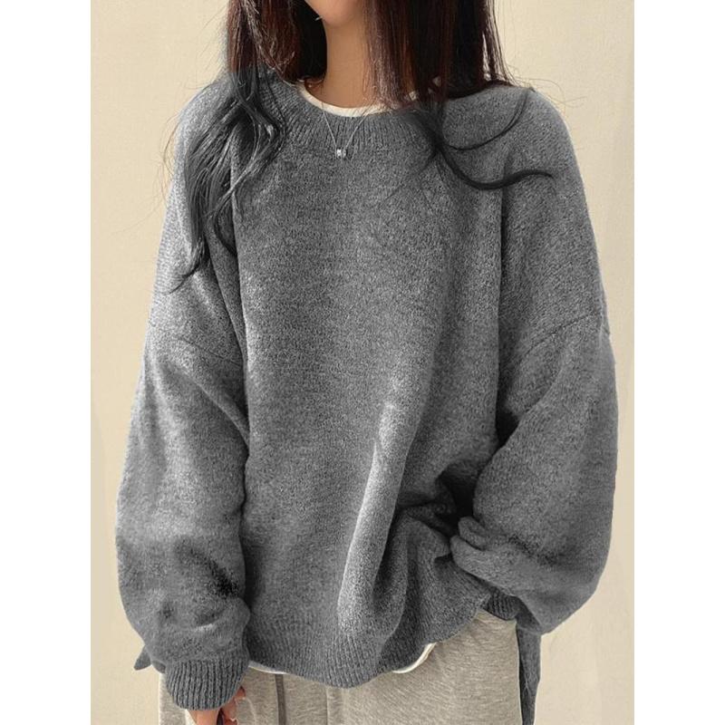 Women's Drop Shoulder Split Hem Sweater, Chic Casual Long Sleeve Round Neck Jumper, Women's Knitwear Top for Fall & Winter, Crewneck Sweaters for Women, Tops for Women, Womenswear Women's Drop Shoulder Split Hem Sweater, Chic Casual Long Sleeve Round Neck Jumper, Women's Knitwear Top for Fall & Winter, Crewneck Sweaters for Women, Tops for Women, Womenswear