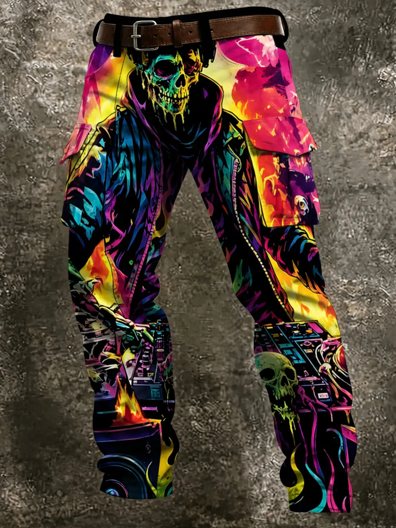 Men's Cyber Neon Skull Workwear Pants, Vibrant Graffiti, Skull Flame Dj Booth Print, Large Pockets, Loose Straight Leg, Music Festival