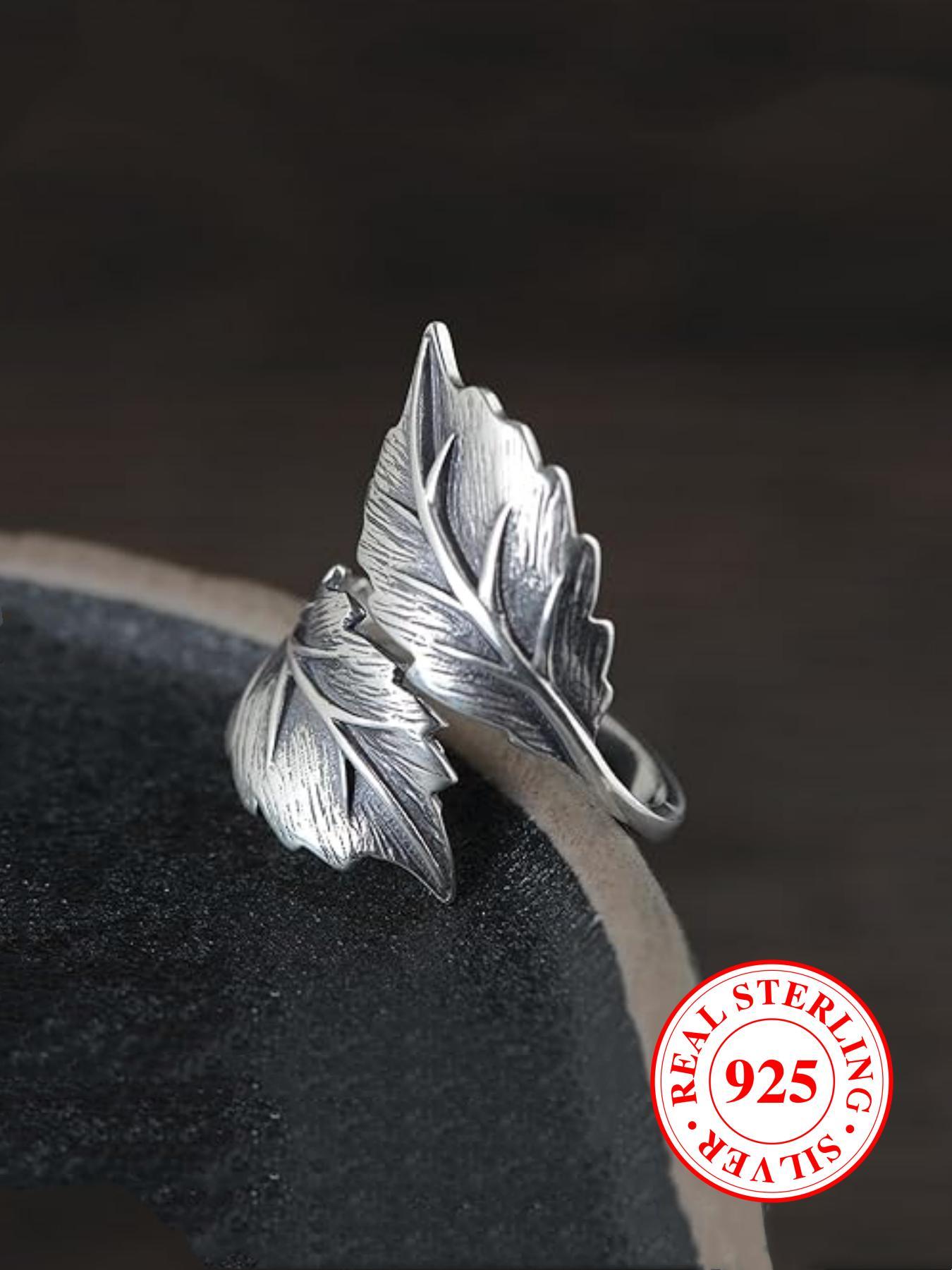 925 Sterling Silver Vintage Style Leaf Design Cuff Ring, Adjustable Open Ring, Fashion Hand Jewelry Accessories for Women & Men, Elegant Ring