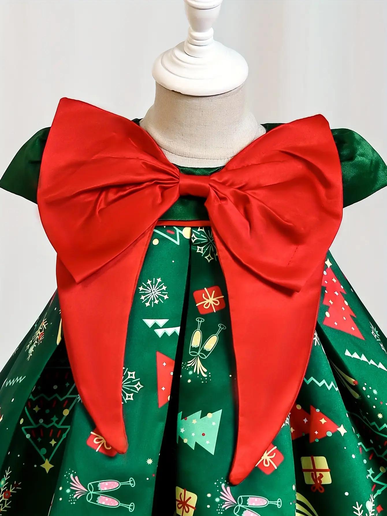 Girls' Christmas Party Dress with Red Bow & 3D Holly Berry Print - Green A-Line Short Sleeve Dress, Flared & Round Neck for Xmas Performances, Pageants, Photo Shoots - All-Season Outfit ( to)