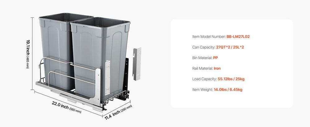 Double Pullout Waste Container Kitchen Trash Can with Soft Close Grey 27QTx2