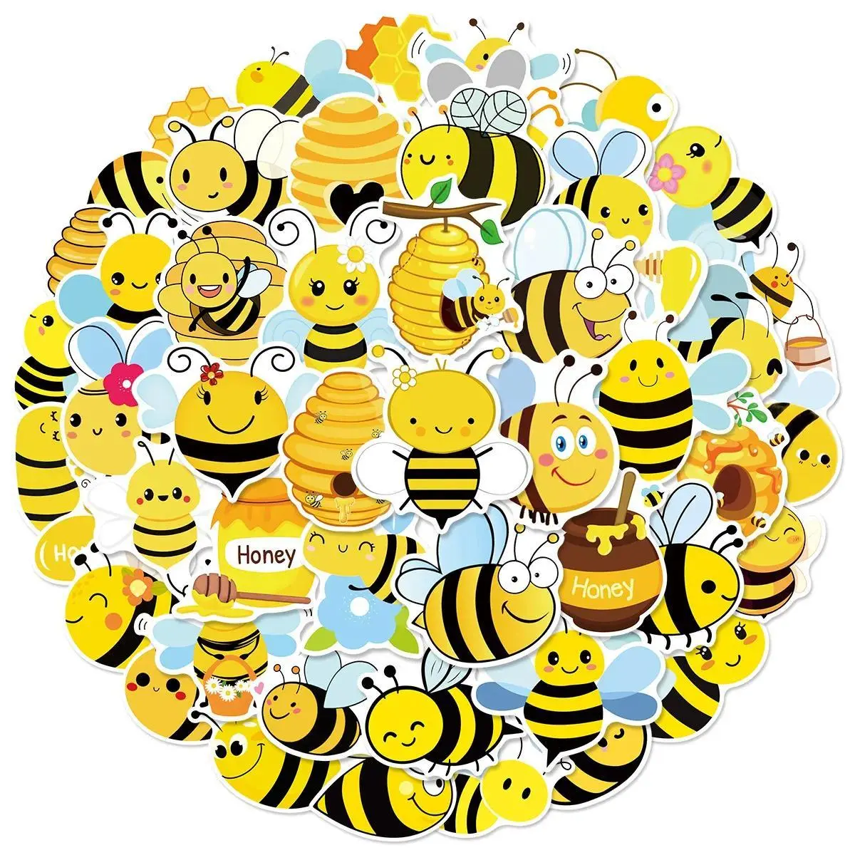 50Pcs Bee Stickers Cute Cartoon Yellow Vinyl Waterproof Bee Animal Stickers for Water Bottles, Laptop, Package, Luggage