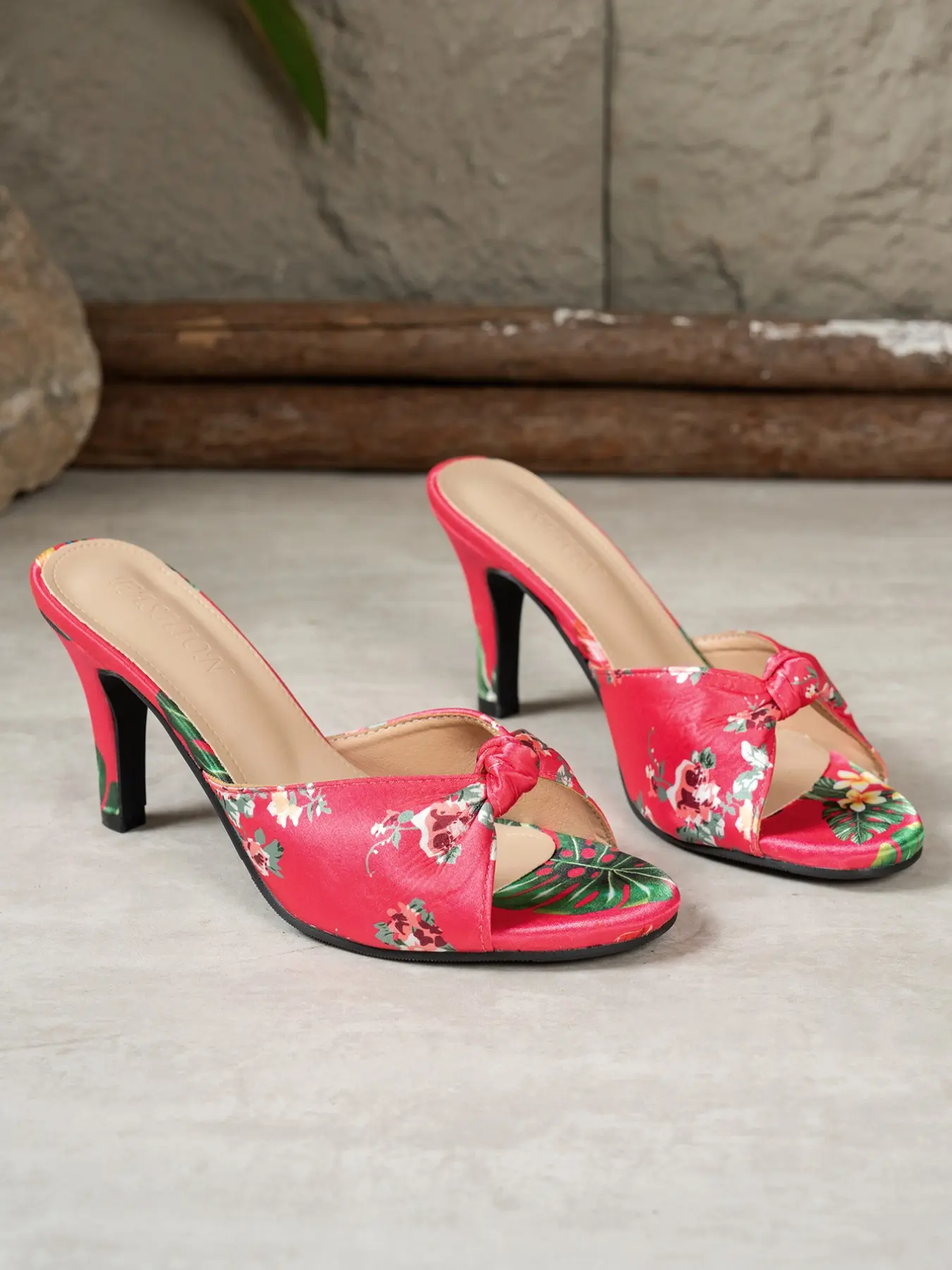 Vintage Hong Kong Style Floral Tropical Print Satin High Heel Sandals, Butterfly Knot Flower Fine Heel One-Word Drag, Summer Beach Shoes, Floral Pattern Sandals