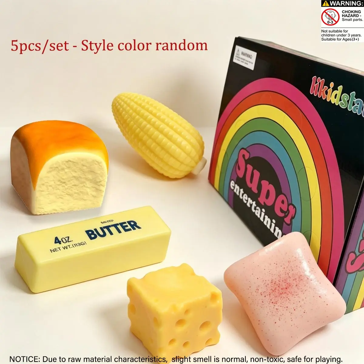 5pcs/set - Toast cheese butter stick and other stress relieving toys, blind box stress relieving toys, sensory set, creative slow rebound toys, party gifts, 5 different styles