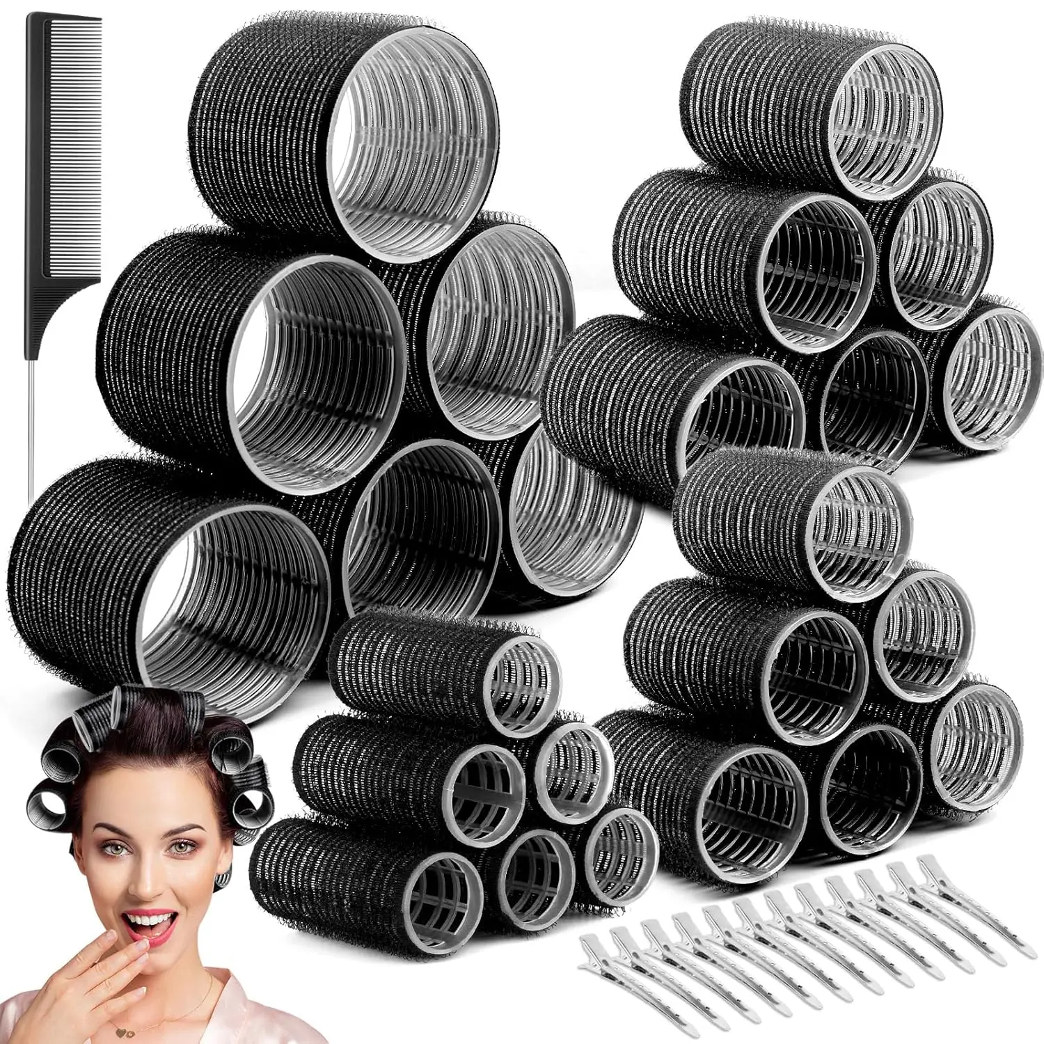 Self Grip Holding Hair Rollers for Long Medium Short Thick Fine Volume Thin Bangs Hair,Self Grip Hair Curlers for Long Medium Short Hair , 24Pcs Hair Clips /4-sizes 60 45 36 25mm