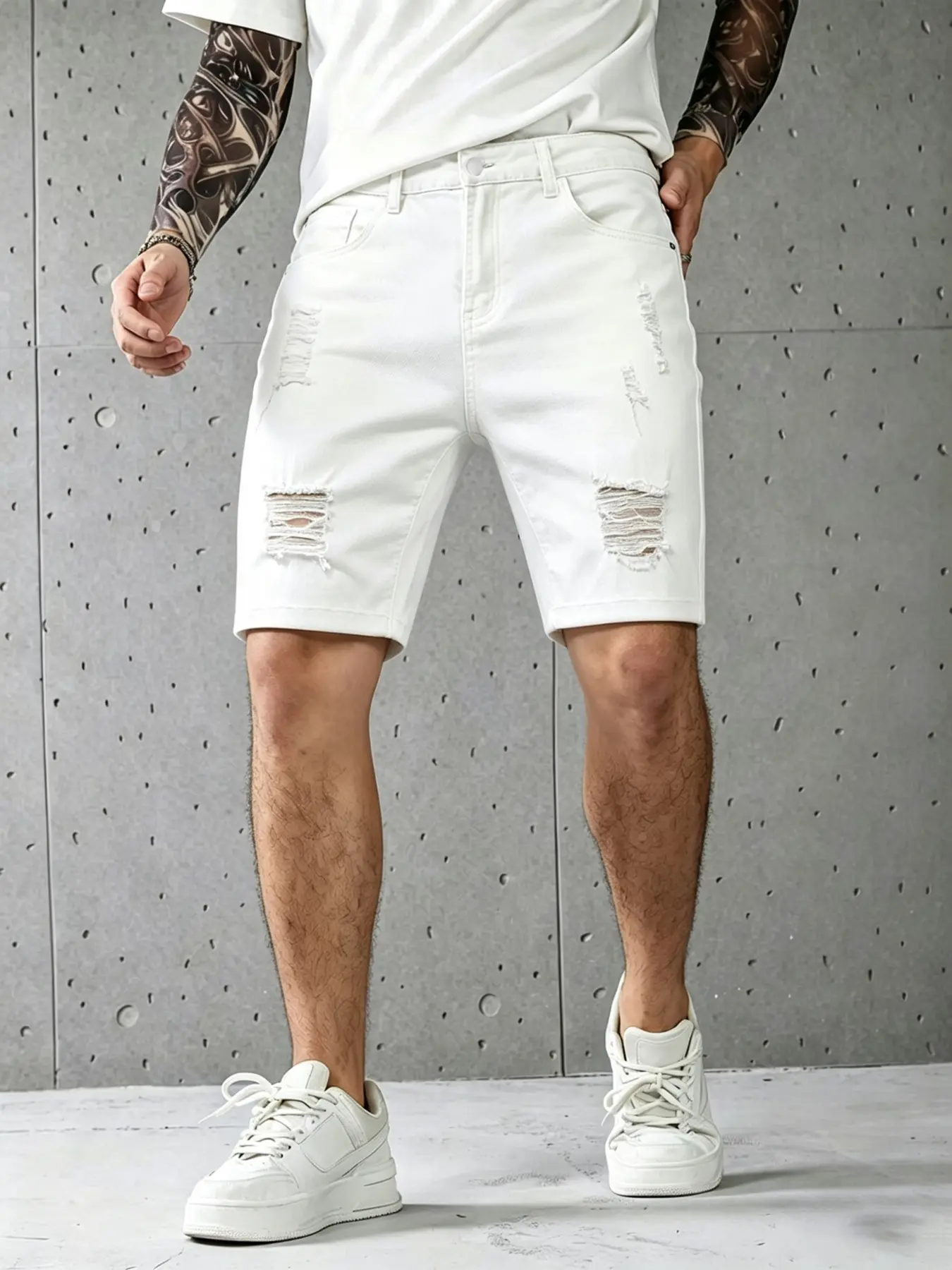 Men's Summer Plain Ripped Fitted Five-Quarter Jeans Shorts, Streetwear Casual Clothing, Ideal for Daily Leisure Wear