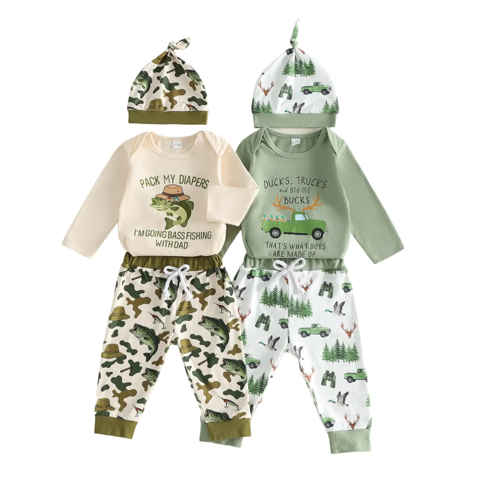 Infant Baby Boys 3Pcs Fall Outfits Long Sleeve Romper with Animal Tree Print Pants Hat Set Newborn Clothes 0-12 Months